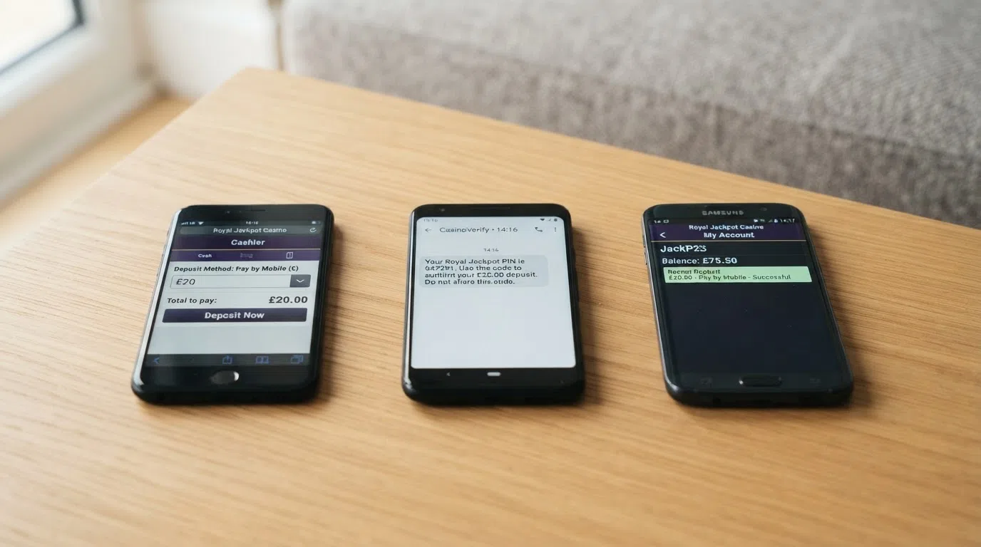 A three-step illustration of the phone-bill deposit process — casino cashier screen, SMS PIN arriving on a handset, and a confirmed casino balance with the deposited amount