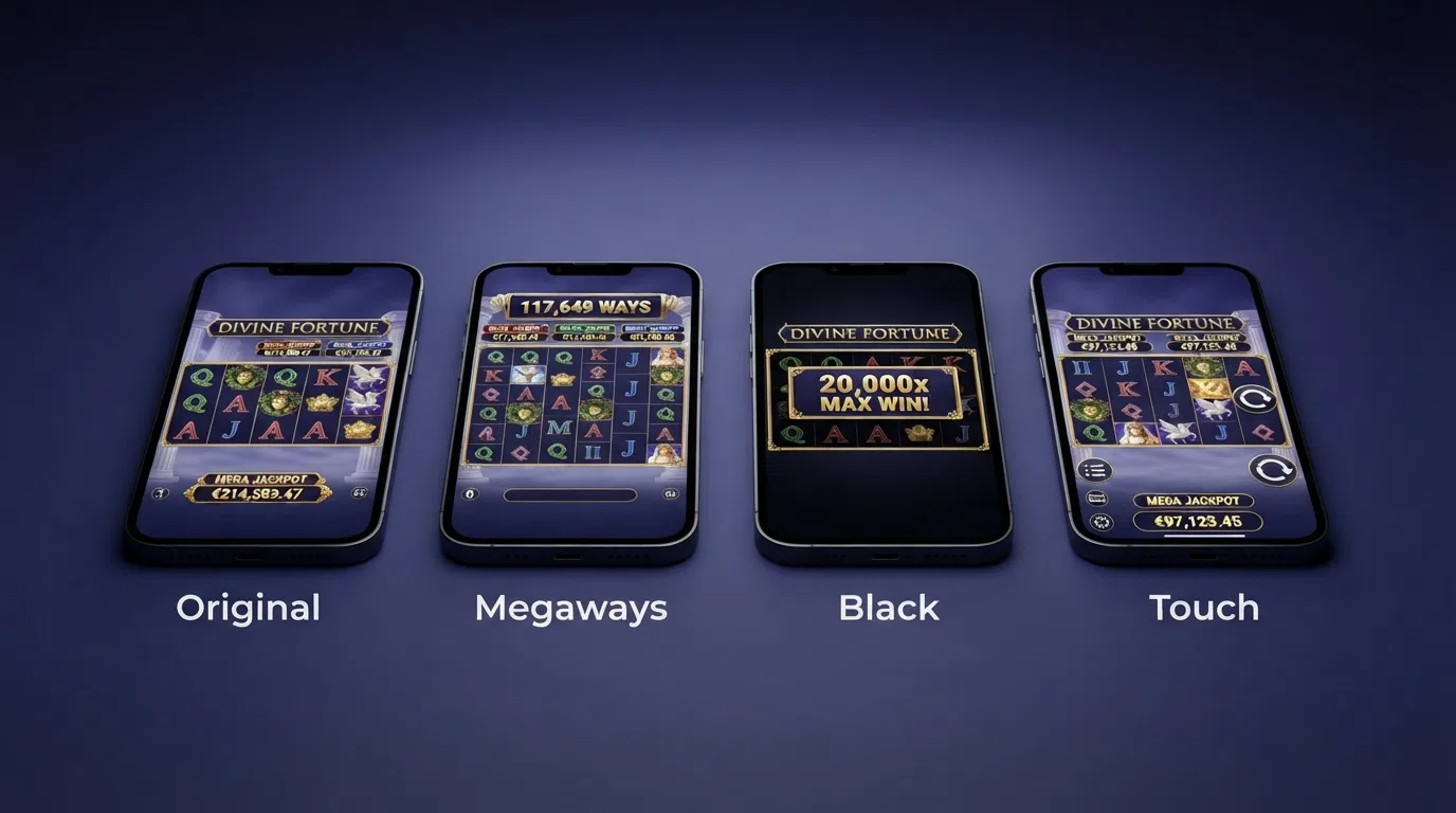 The four Divine Fortune title cards or game screens arranged side by side — original, Megaways, Black, and Touch — showing the visual and layout differences between each version
