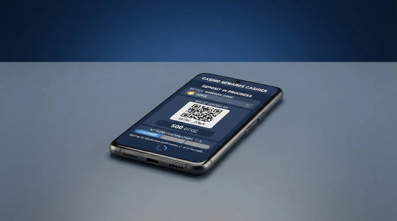 A casino deposit screen with Dogecoin selected as the payment method, showing a wallet address QR code and a network-confirmation progress indicator