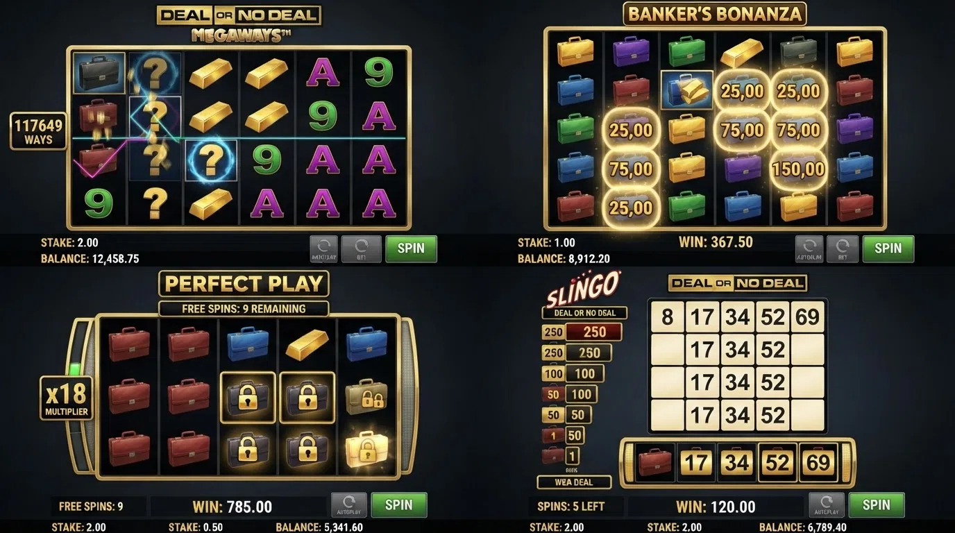 A grid of four Deal or No Deal slot screens: Megaways cascading reels, Banker's Bonanza scatter-pays grid, the Perfect Play bonus round and the Slingo number grid