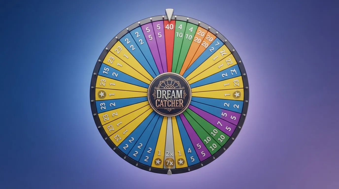 A close-up diagram of the Dream Catcher wheel showing the segment distribution — 23 yellow 1s, 15 blue 2s, 7 purple 5s, 4 green 10s, 2 orange 20s, 1 red 40, and the silver 2× and gold 7× multiplier segments