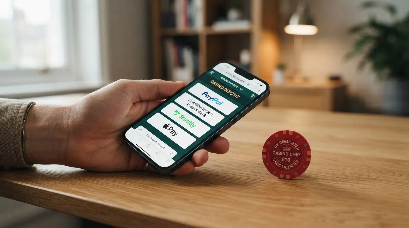 A smartphone screen showing a UK casino cashier page with PayPal, Apple Pay and Trustly as the deposit options, a debit card resting beside the phone