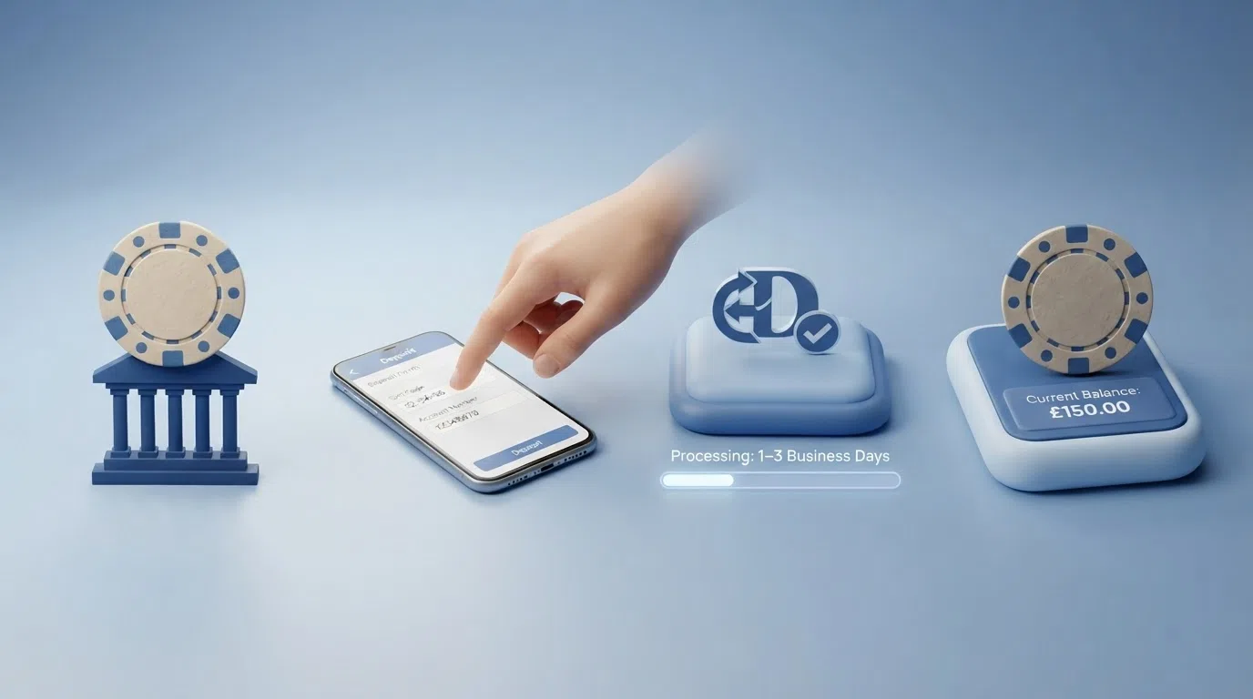 An illustrated flow showing the echeque deposit journey: bank account → sort-code and account-number entry → BACS processing (1–3 business days) → funds landing in a casino balance.