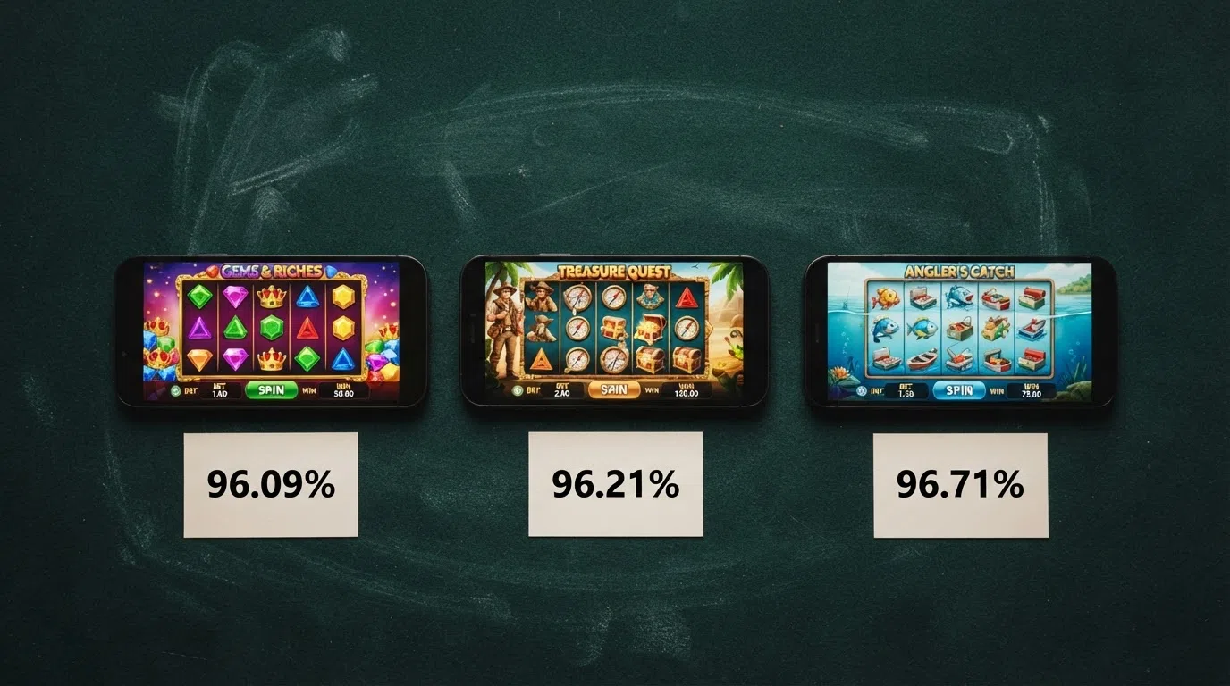 Three slot-game title screens — Starburst, Book of Dead and Big Bass Bonanza — arranged side by side on a dark background with their RTP percentages displayed beneath