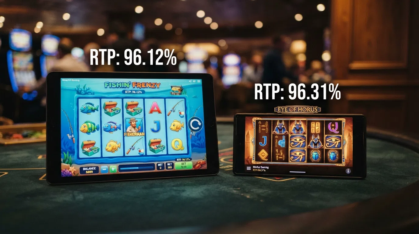 A split-screen view of Fishin' Frenzy and Eye of Horus slot reels in play, with the RTP percentages overlaid as callouts