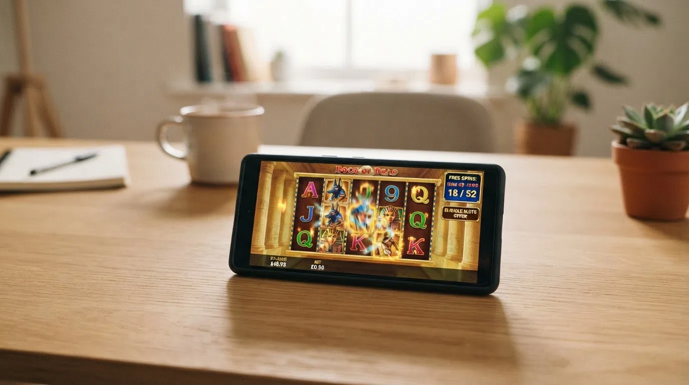 A smartphone screen showing the Book of Dead slot game loaded and ready to play, with a free-spins counter visible in the corner