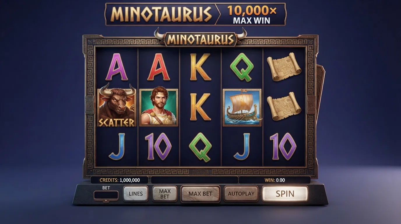 The Minotaurus slot reel layout with its ancient-Greek theme, showing the 5×3 grid, scatter symbols and the 10,000× max-win banner