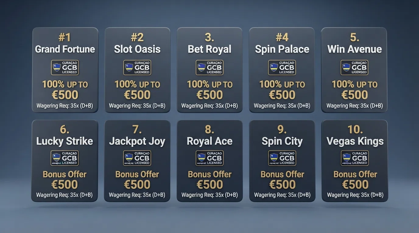 A side-by-side grid of operator logos or name cards arranged in ranked order with key terms — licence, bonus match rate and wagering — visible beside each