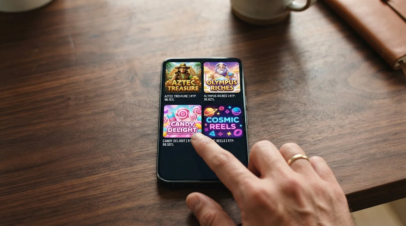 A grid of four slot title cards — Book of Dead, Gates of Olympus, Sweet Bonanza and Starburst — with their RTP percentages overlaid on each card