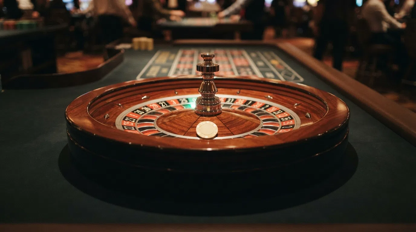 A close-up of a European roulette wheel showing the single zero pocket in green, the numbers 1 through 36 in alternating red and black, and the felt betting layout with inside and outside bet areas visible