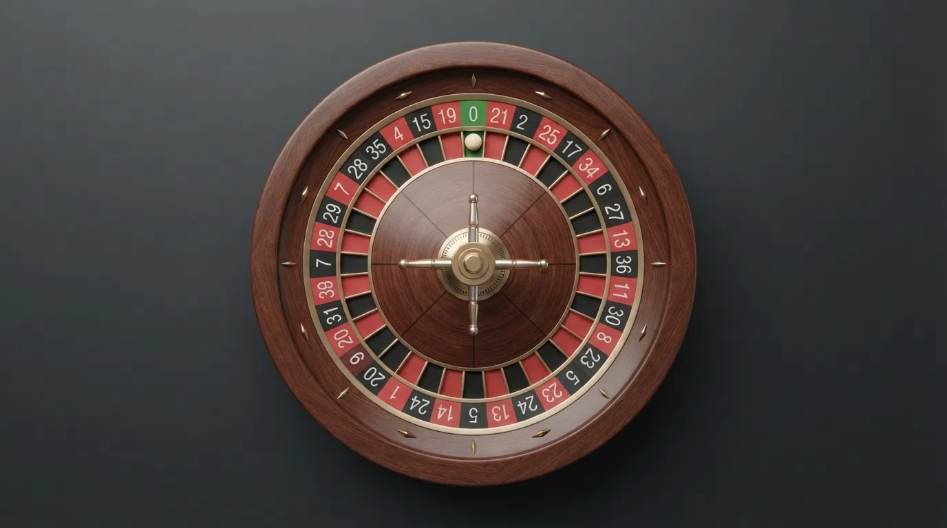 Close-up of a European roulette wheel showing the numbered red and black pockets with the single green zero at the top