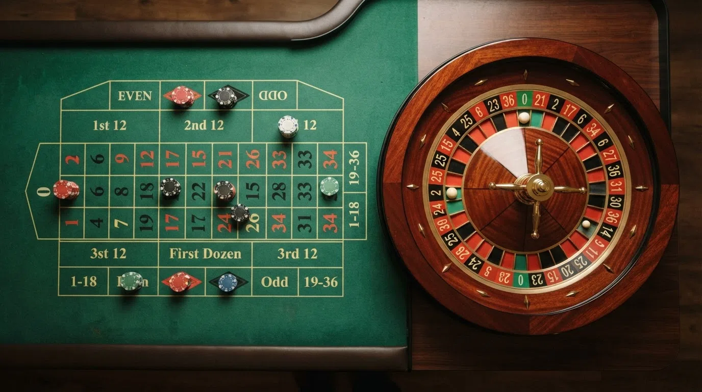 A European roulette wheel showing 37 numbered pockets in red, black and green, with the betting layout and racetrack visible