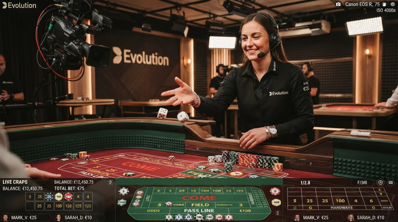 A live dealer in a professional studio operating a full-size craps table, captured mid-roll with the dice visible in flight, the on-screen betting grid overlaid at the bottom of the frame, and the Evolution branding visible in the background