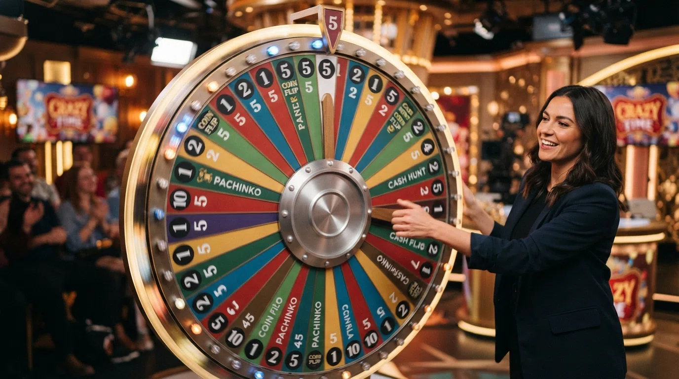 A close-up of the Crazy Time money wheel in play, segmented and lit, with a presenter mid-spin