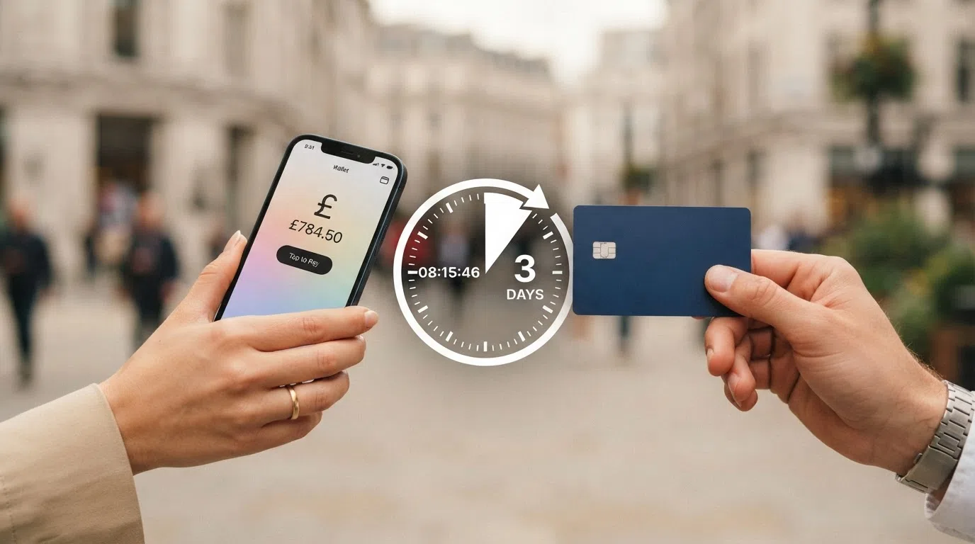 A split-screen visual: a PayPal logo beside a Visa debit card, with a clock icon between them showing contrasting wait times — minutes on the left, days on the right