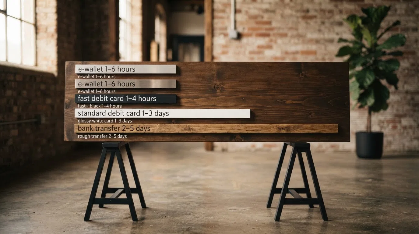 A horizontal bar chart comparing withdrawal times: PayPal 1–6 hours, Skrill 1–6 hours, Visa Fast Funds 1–4 hours, standard debit card 1–3 days, bank transfer 2–5 days
