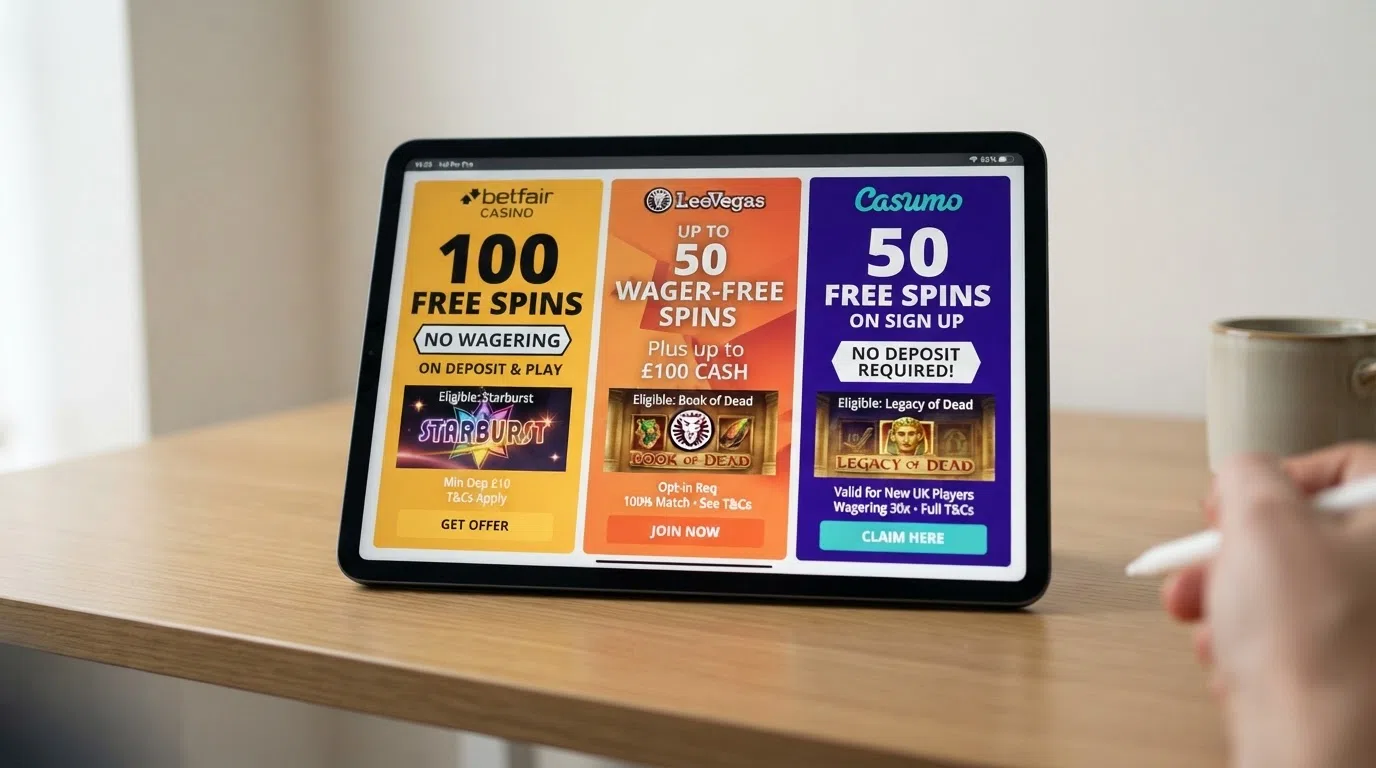 A side-by-side arrangement of UK casino welcome-offer banners on a tablet screen, showing free-spin counts, wagering terms and eligible game titles from multiple brands