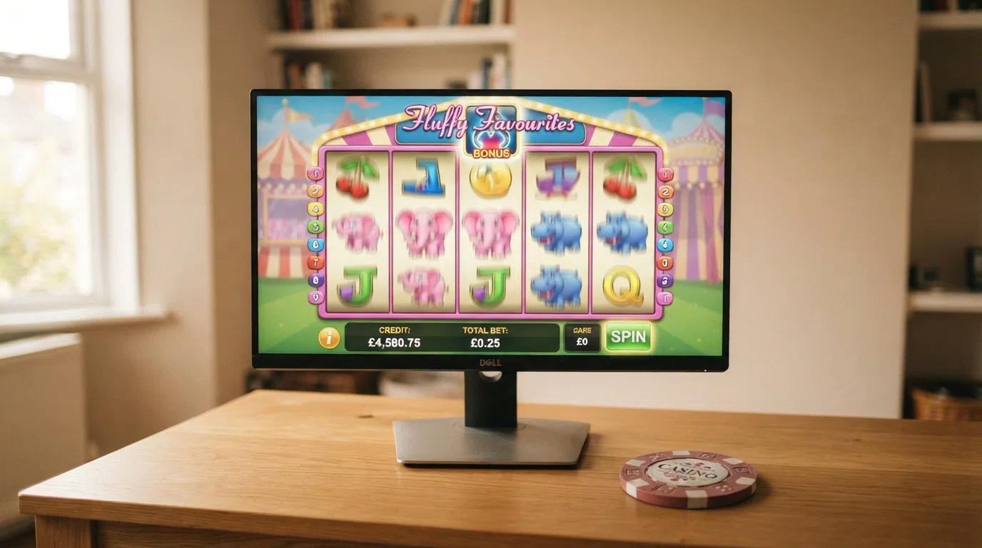 The Fluffy Favourites five-reel slot screen showing the pink elephant, blue hippo and other stuffed-animal symbols with the claw-machine bonus feature trigger visible above the reels