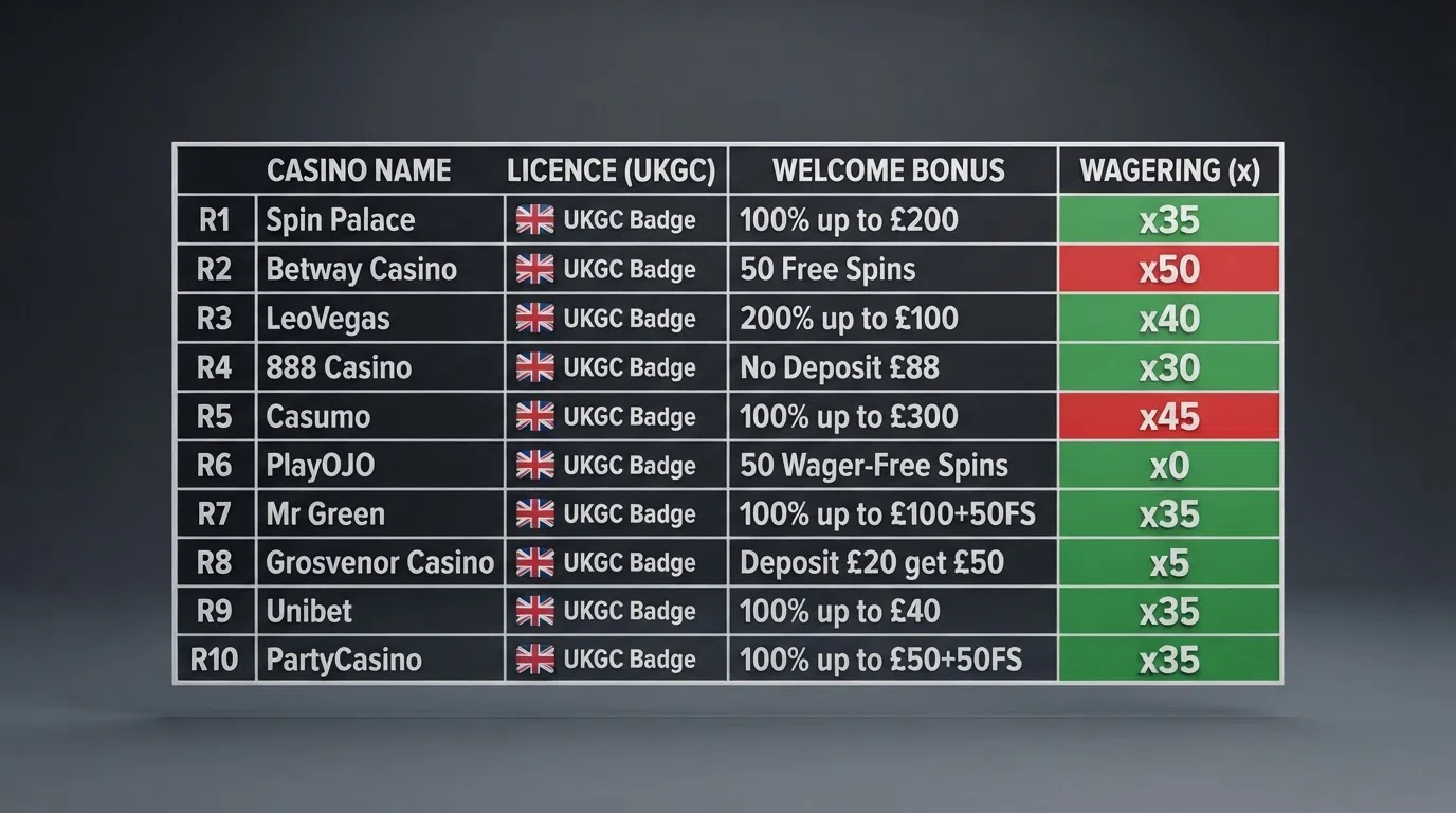 A comparison table of ten casino welcome bonuses with the wagering multiples highlighted in red and green.