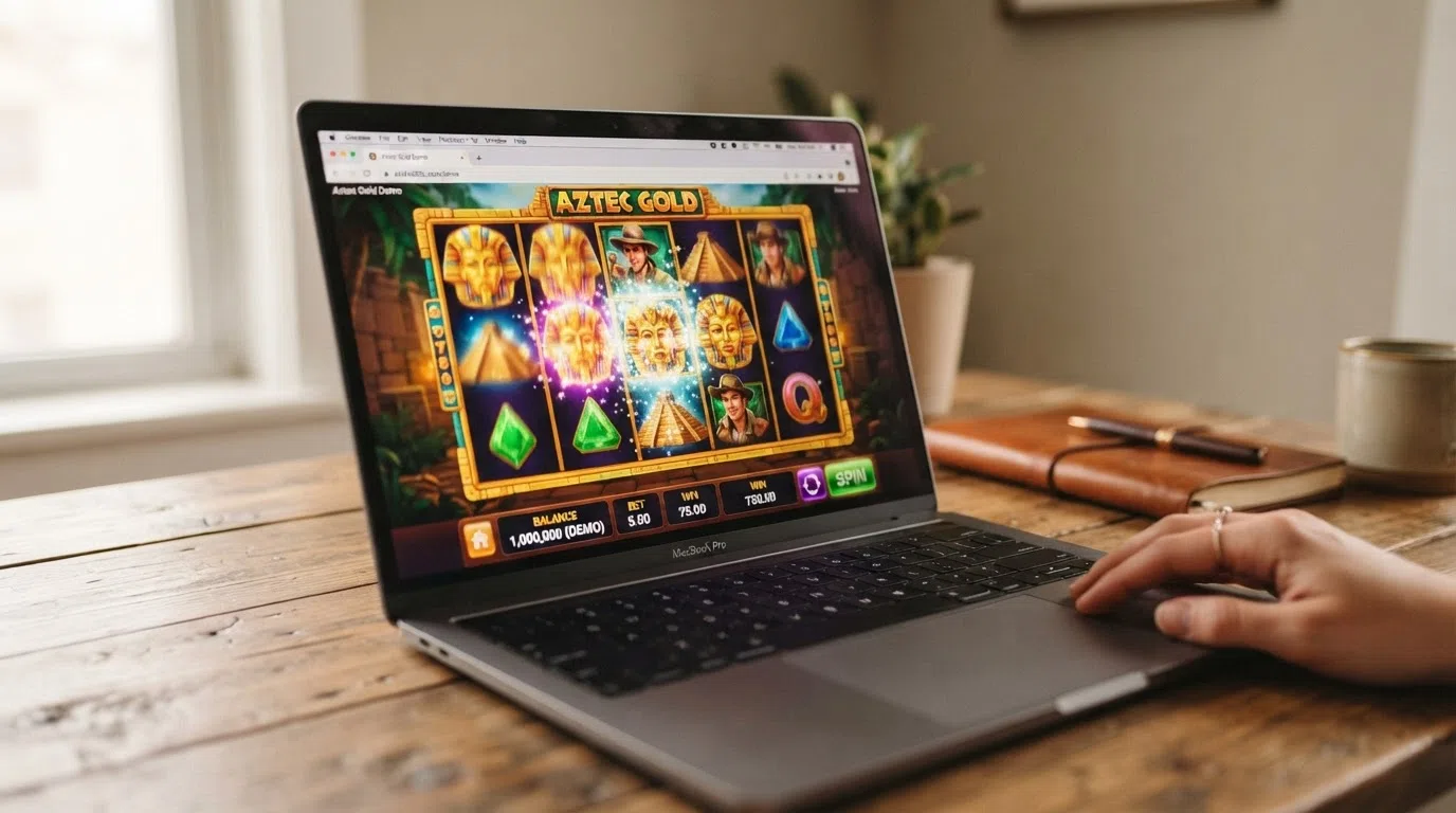 A laptop browser window displaying a 5-reel slot in demo mode, with a clearly visible play-money balance and a game-title banner
