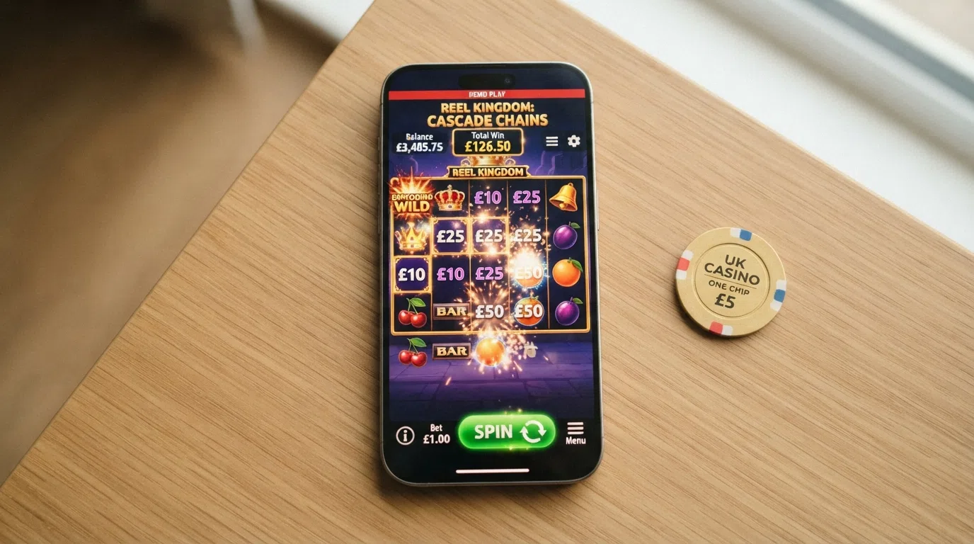 A UK casino demo-mode interface displaying a cascading slot with a play-money balance counter visible and the spin button active