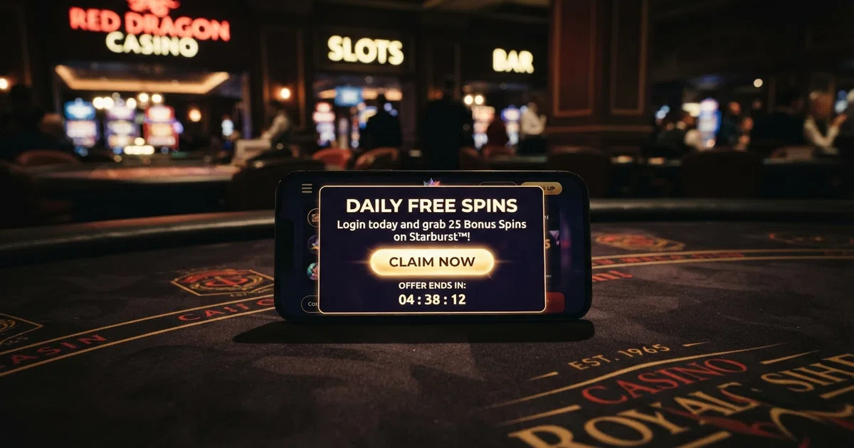 A smartphone screen showing a UK casino daily free spins pop-up with a “Claim Now” button and a countdown timer, set against a dark casino-branded background