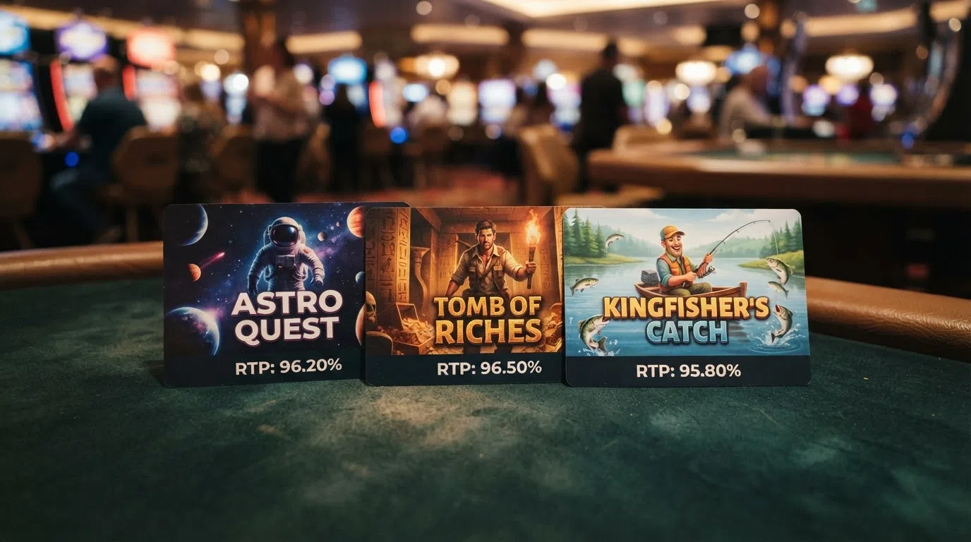 A grid of three popular UK free-spins slot title cards — Starburst, Book of Dead, and Big Bass Bonanza — with their RTP percentages displayed beneath each
