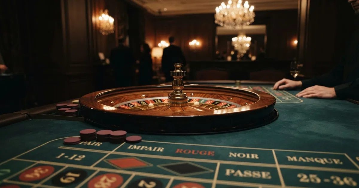 A single-zero French roulette wheel on a green felt table with the racetrack betting layout visible, chips placed on even-money outside bets