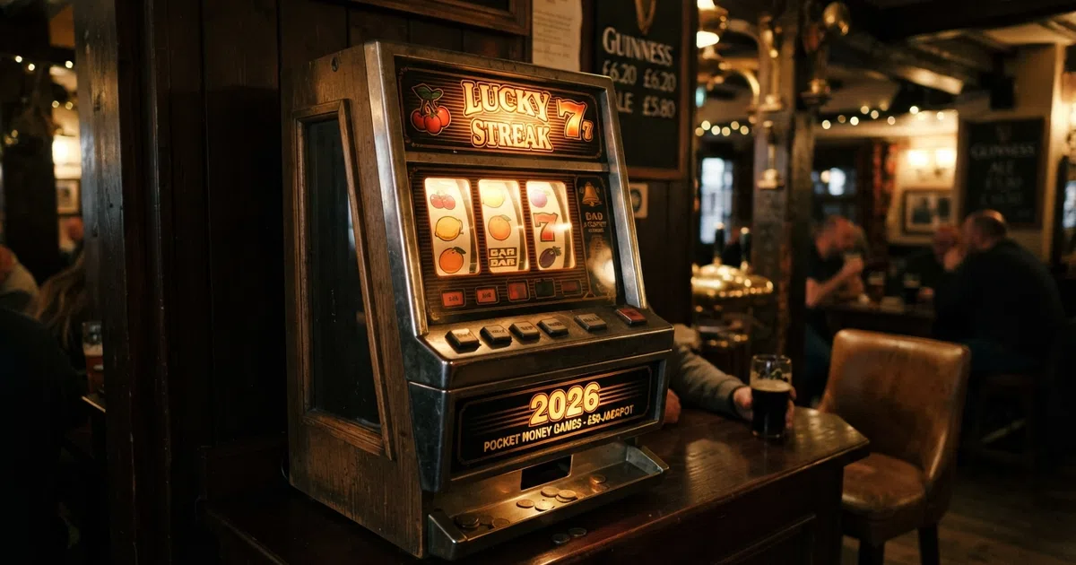 A row of vintage-style fruit machine reels showing cherries lemons oranges and lucky sevens illuminated against a dark casino background