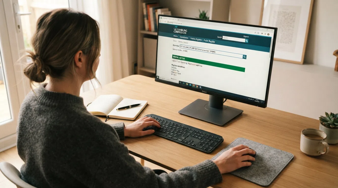 A desktop screen showing the UK Gambling Commission's public register search interface with an operator name entered and a licence-status result visible