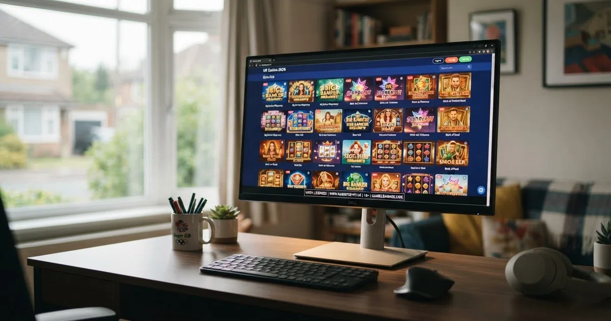 A desktop screen showing a grid of colourful online slot games with UKGC licence logos visible in the footer