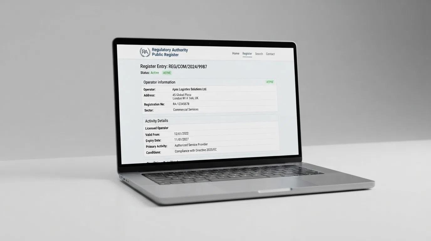 The Gambling Commission public register webpage with a licence-holder's entry visible, showing licence number, status and operator address
