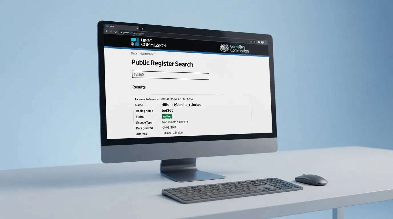 A search box on the Gambling Commission public register with an operator name entered and a licence record showing an account number and “Active” status