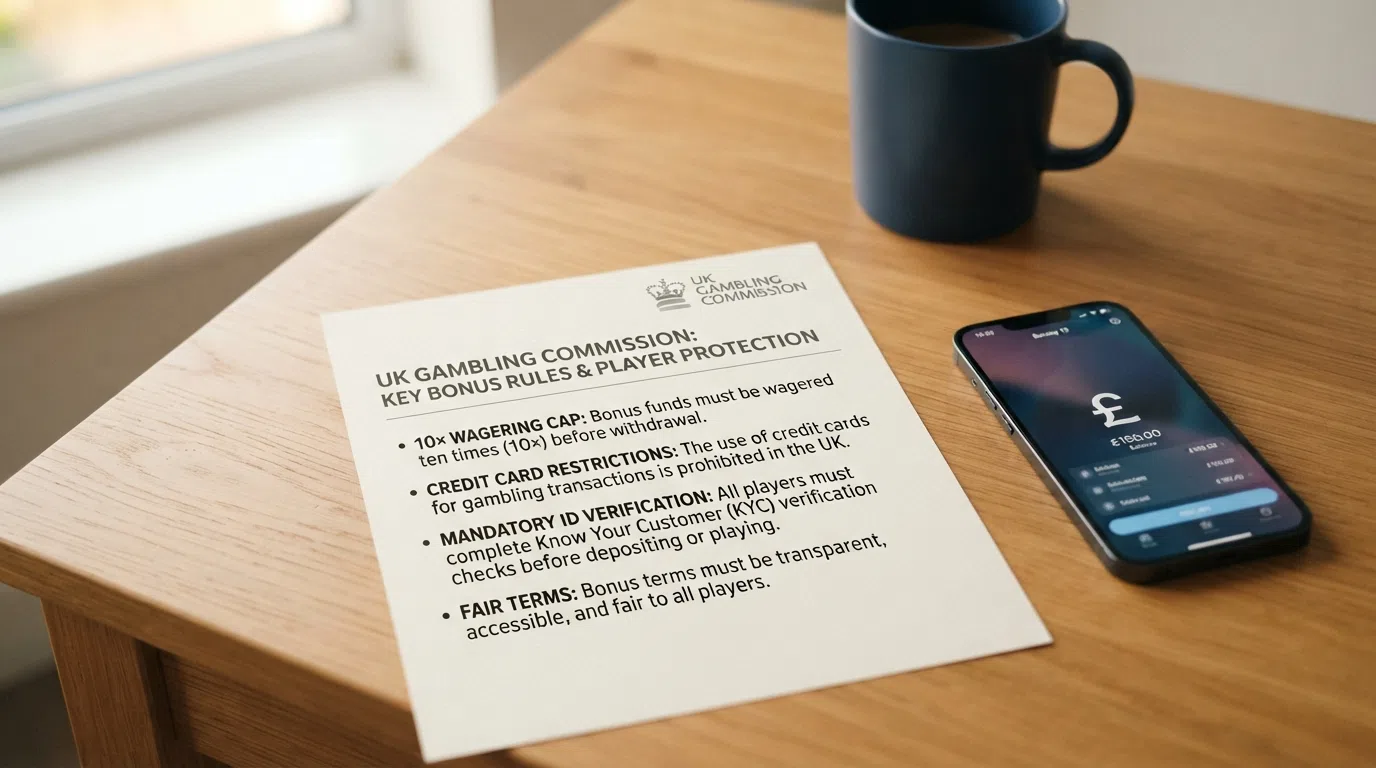 The Gambling Commission logo on a regulatory information page beside a summary of the key bonus rules — 10× wagering cap, no credit cards, mandatory ID verification