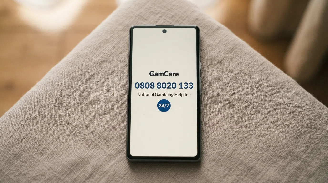 A close-up of a phone displaying the GamCare National Gambling Helpline number (0808 8020 133) with the 24/7 badge visible, set against a muted background