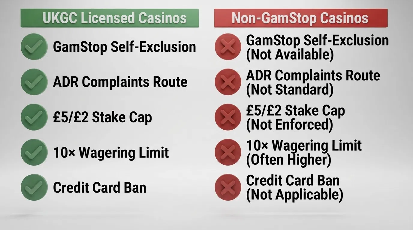 A visual comparison diagram: the left column lists UKGC protections (GamStop, ADR, £5 stake cap, 10× wagering, credit card ban) with green checkmarks, the right column shows the same items with red crosses for non-GamStop casinos