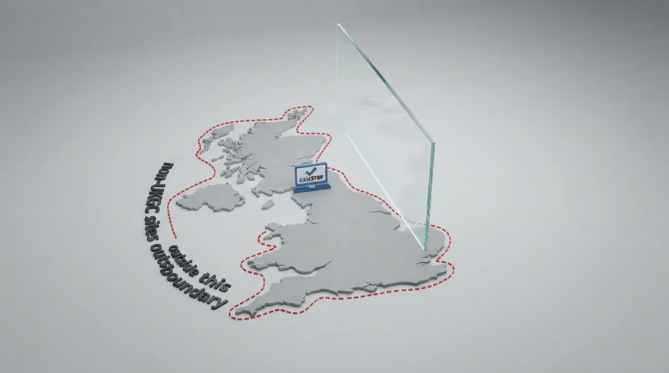 A graphic of a GAMSTOP registration screen beside a map of Great Britain, with a dashed line at the border and the words “non-UKGC sites outside this boundary” annotated.