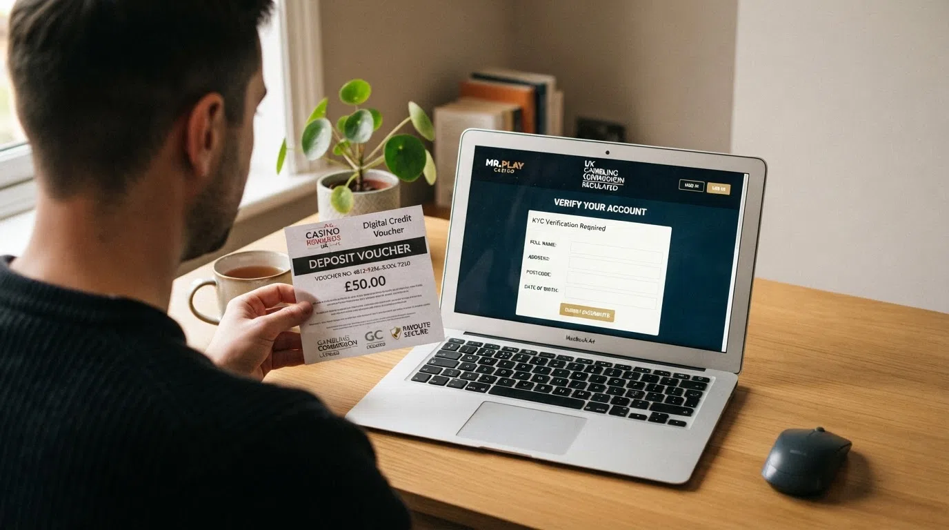 A smartphone displaying a casino identity-verification screen beside a CashtoCode voucher, with a Gambling Commission header visible