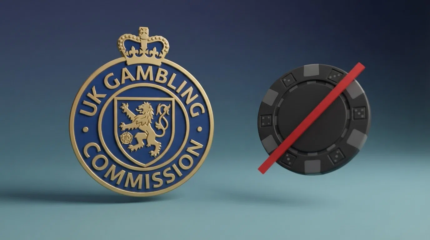 A UK Gambling Commission-style licensing crest beside a crossed-out cryptocurrency coin.