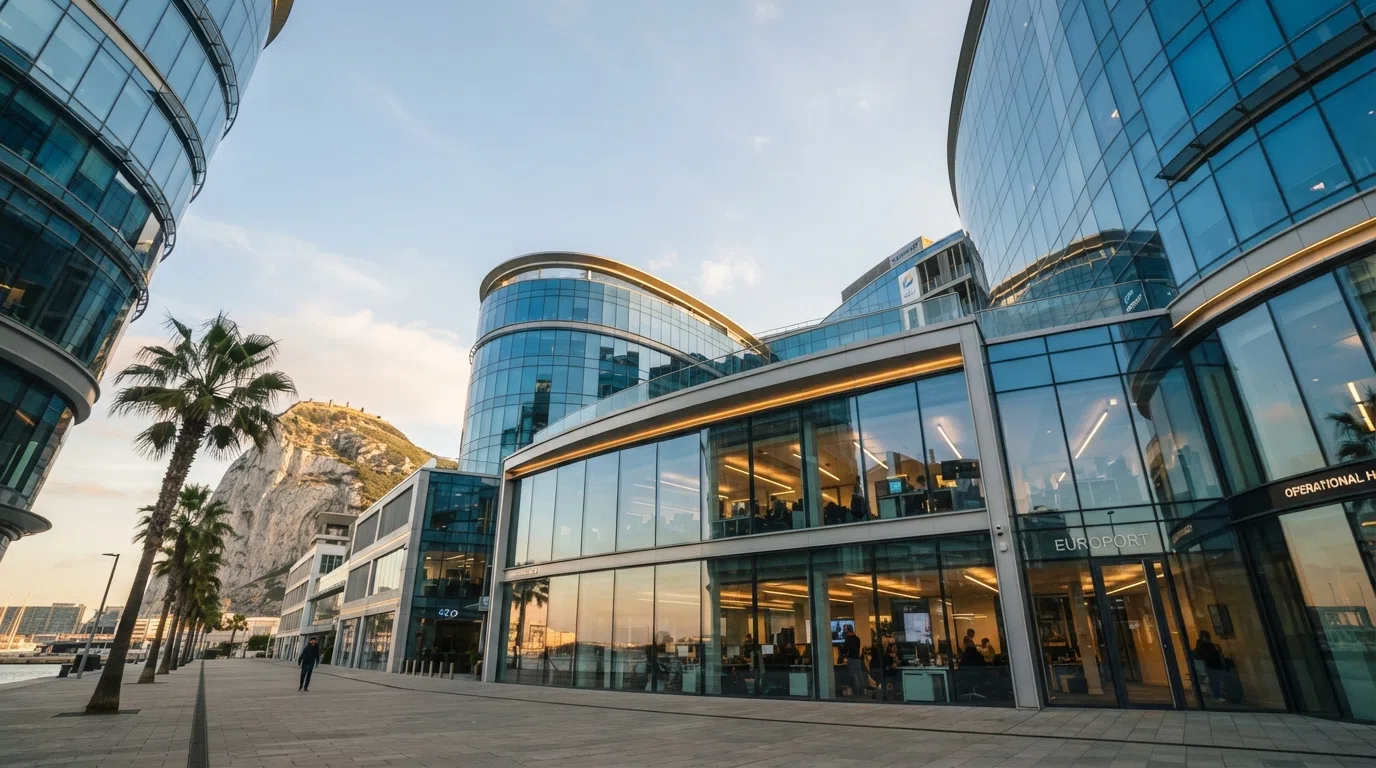 Modern glass office buildings in Gibraltar's Europort district, home to multiple gambling operators' operational headquarters