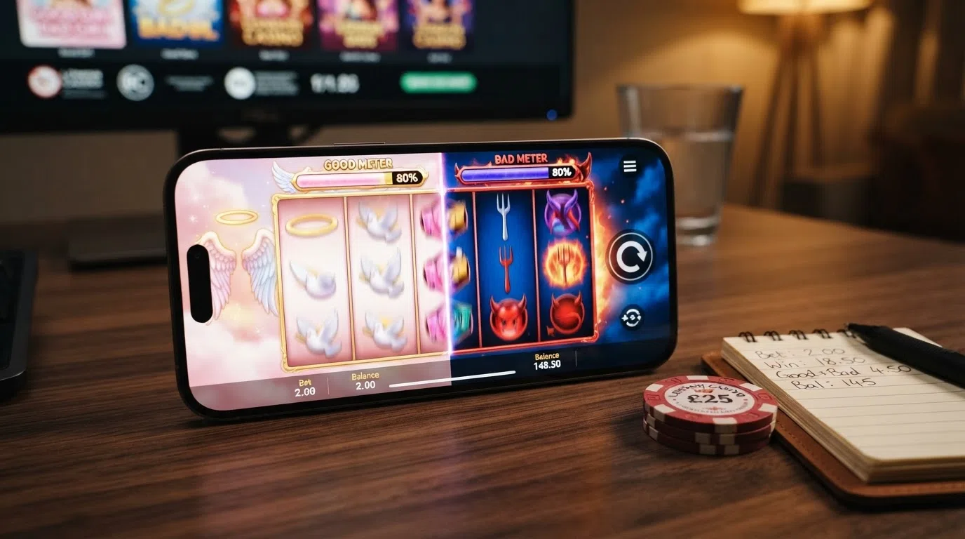 Good Girl Bad Girl slot reels showing the dual-mode angel side and devil side gameplay with both progressive jackpot meters visible