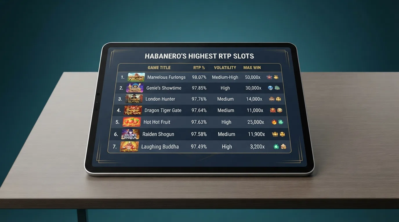 A selection of Habanero's highest-RTP slot titles with their default return-to-player percentages overlaid on the game art
