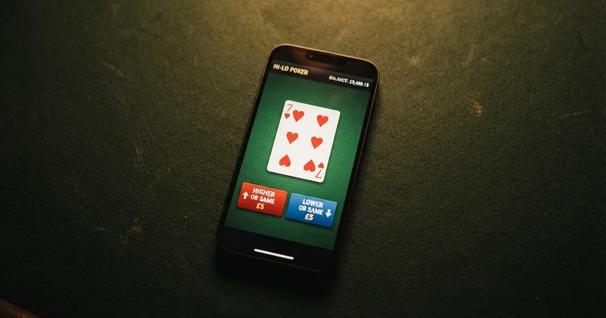 A casino tabletop display showing a Hi-Lo card game interface with a face-up base card and higher-or-lower betting buttons on screen