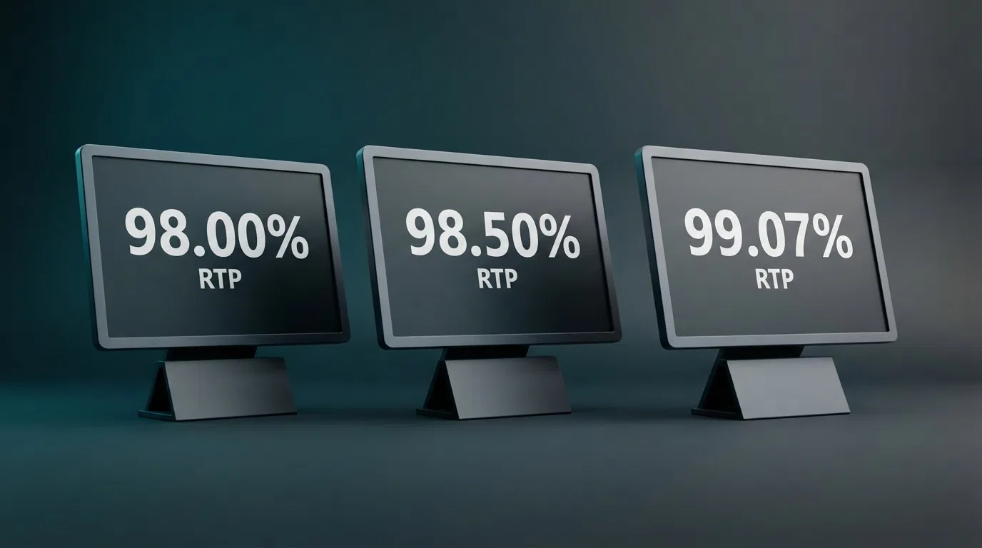 A side-by-side display of slot info screens showing RTP percentages — 98.00%, 98.50%, 99.07% — with the NetEnt, Thunderkick and Playtech provider logos beneath each