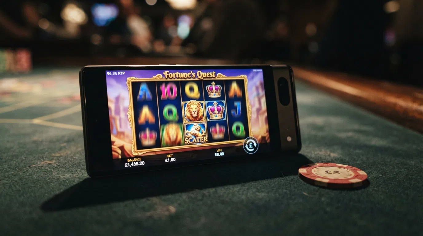 A smartphone in landscape mode displaying the Book of Dead slot reels mid-spin, with the game's title visible