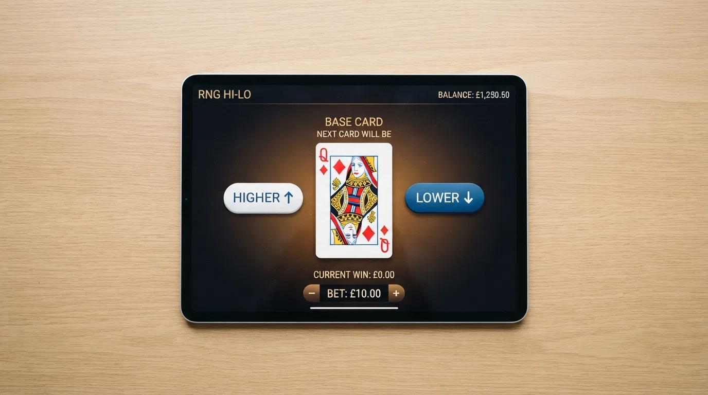 A close-up of an RNG Hi-Lo game screen showing a dealt base card, the higher and lower buttons, and a running win counter