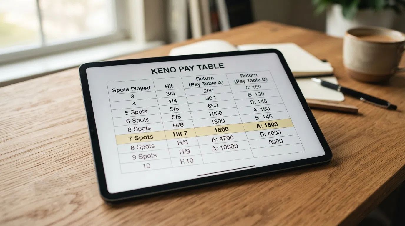 A close-up of a keno pay table showing spot counts down one side and payout multiples across columns, with a highlighted row