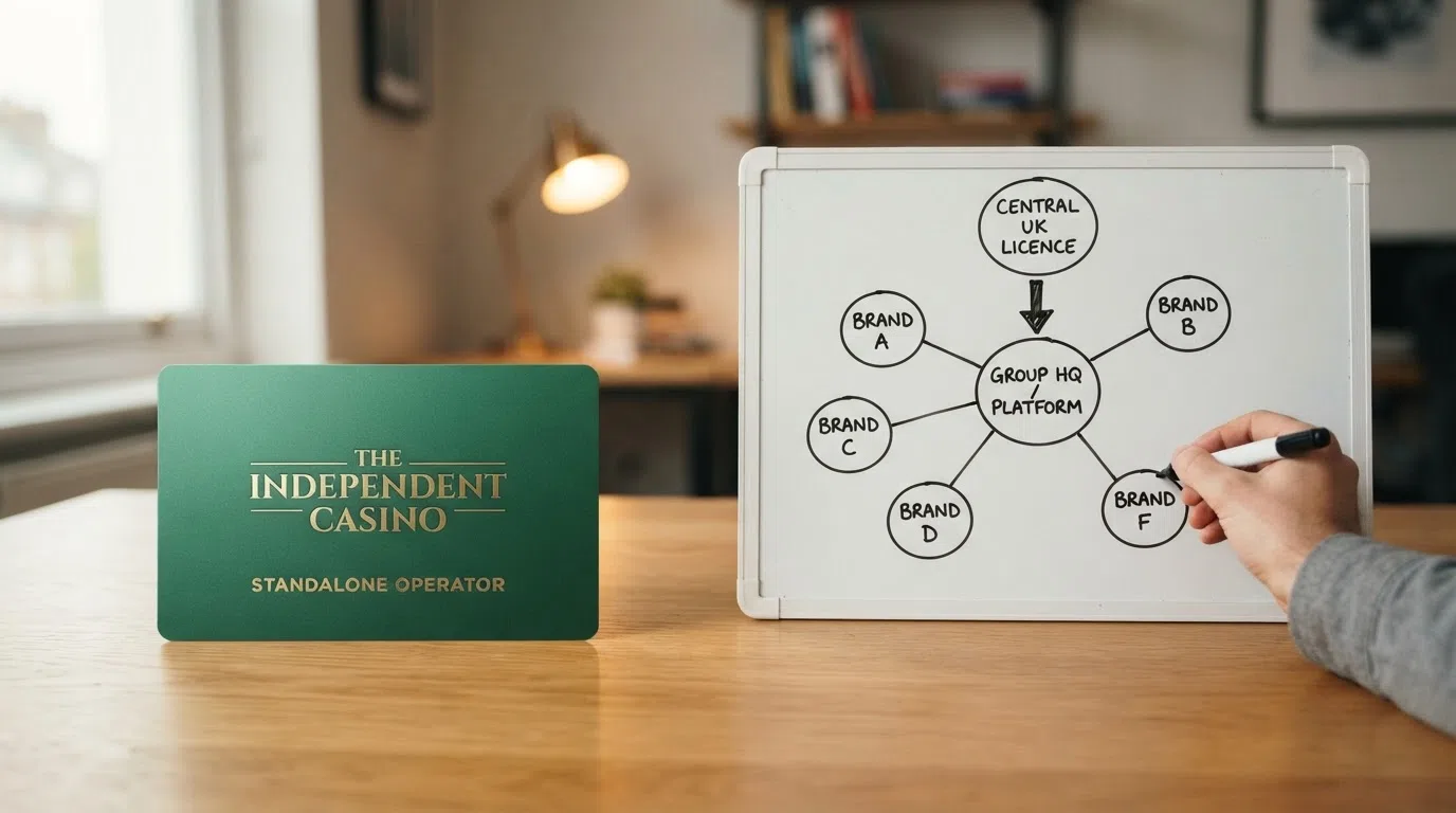 A side-by-side visual contrasting a standalone casino brand card with a sister-site network diagram showing multiple brands connected to one licence