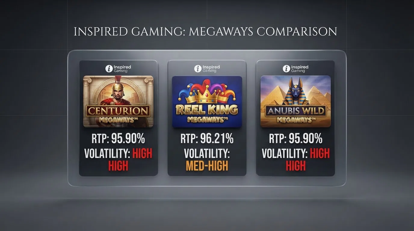 A comparison screen showing the RTP and volatility data for Centurion Megaways, Reel King Megaways and Anubis Wild Megaways side by side