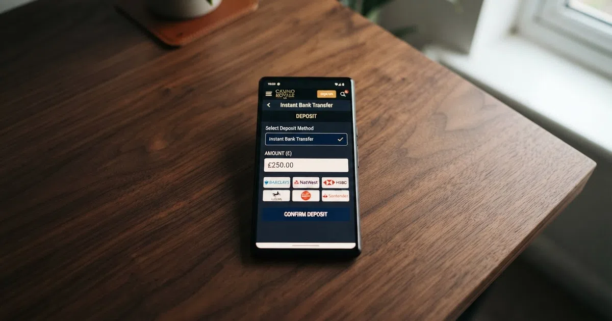 A smartphone screen showing a UK online casino banking page with bank transfer highlighted as the selected deposit method